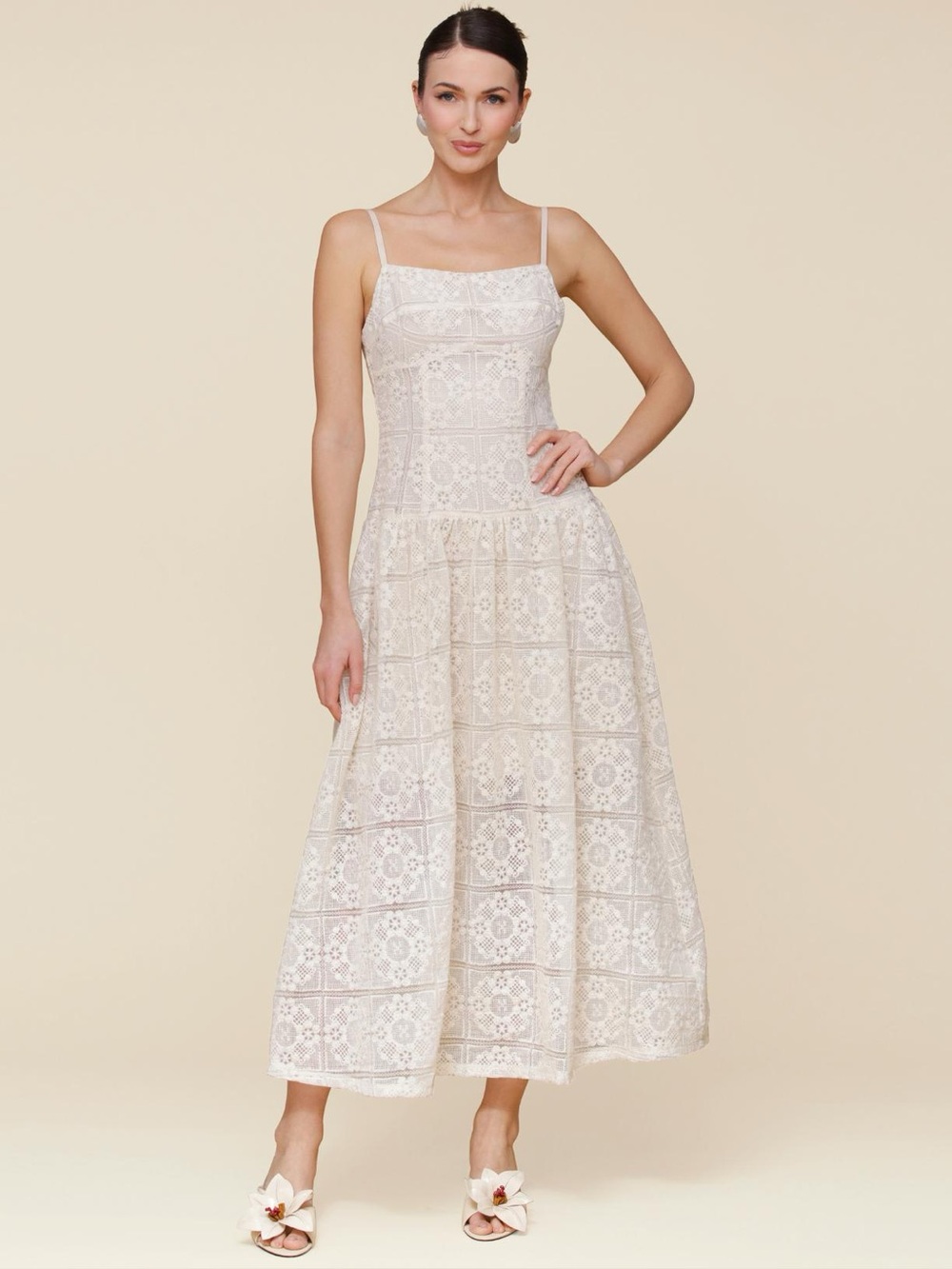Avec Les Filles Ivory Lace Midi Dress with Spaghetti Straps